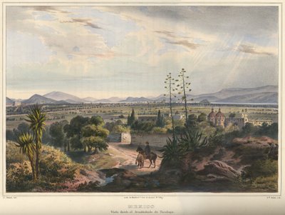 Mexico, gezien vanaf het Arsobisbado van Tacubaya. Mexico-Stad gezien vanaf Tacubaya. Handgekleurde lithografie met gom arabicum. Originele grootte (nette lijnen) door Frederic Mialhe